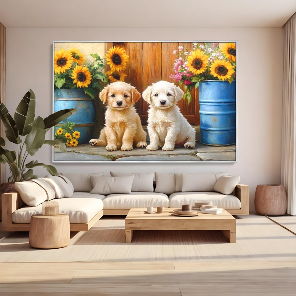Tablou canvas cu pictura cu doi catei si floarea-soarelui, in rama de aluminiu argintiu, pe perete intr-un living